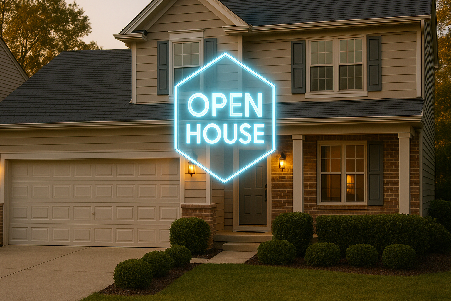 Staged home exterior with strong curb appeal and open house holographic design.