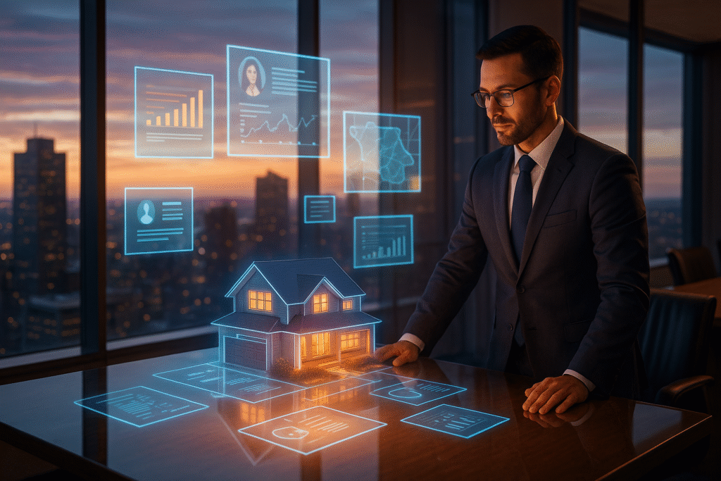 Realtor in luxury conference room presenting a futuristic listing with glowing holographic charts and maps.