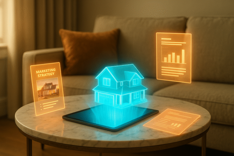 Digital tablet projecting a 3D home hologram with glowing marketing flyers and CMA report in a stylish living room.