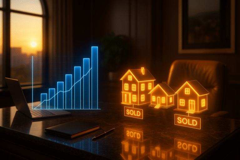 Realtor desk with holographic pricing chart and glowing comparable homes
