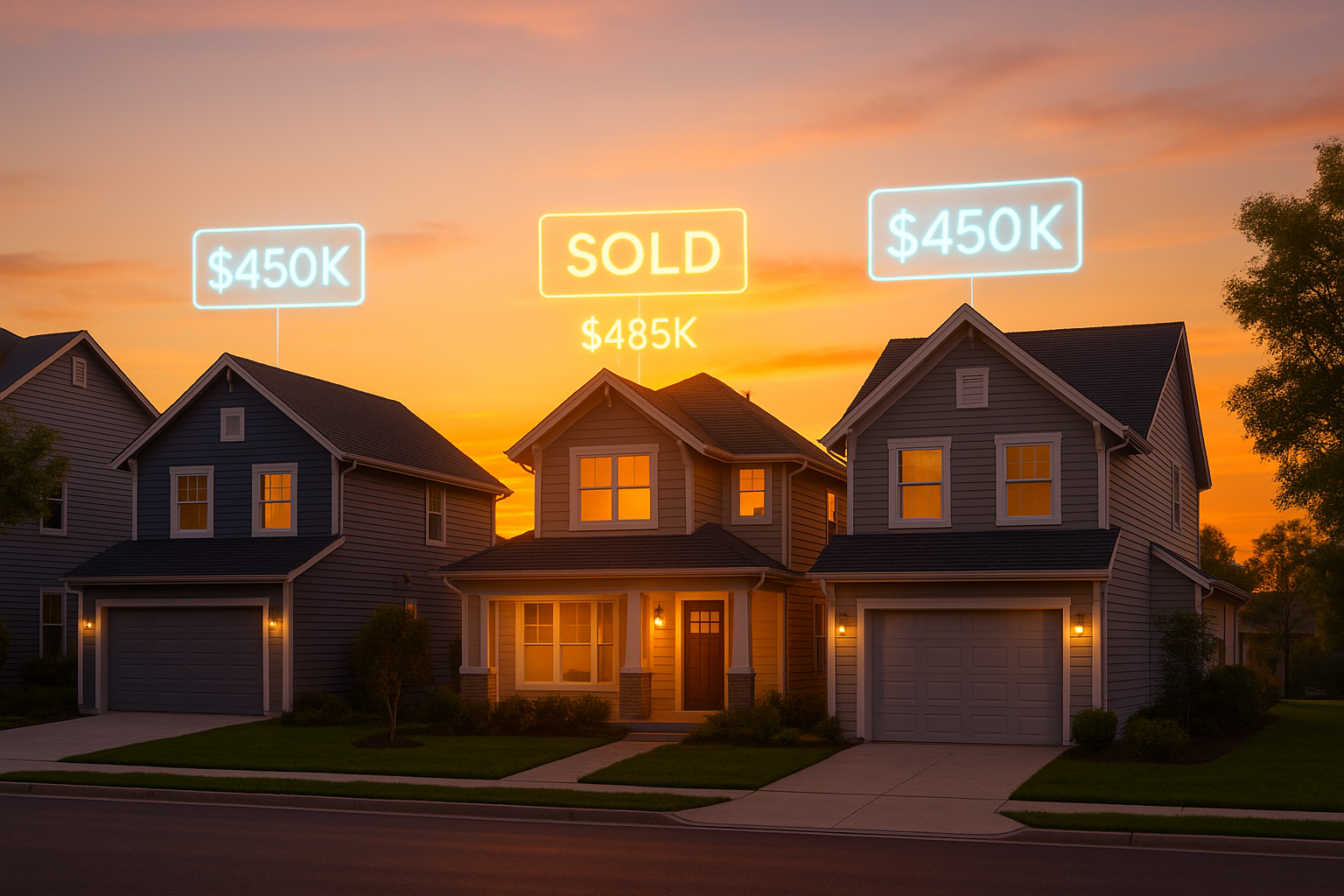 Row of homes with holographic price tags and a glowing sold sign
