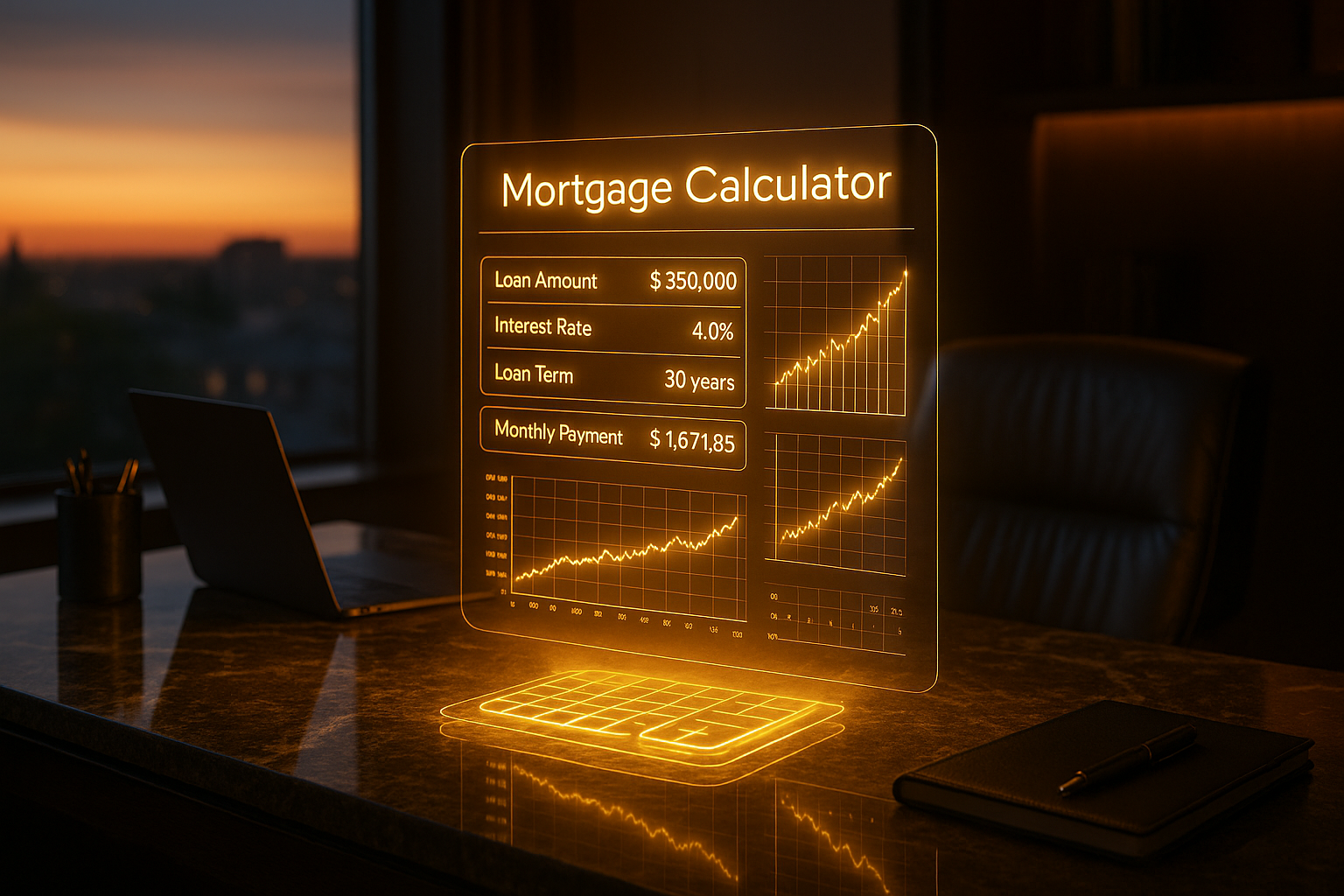 Holographic mortgage calculator floating above a luxury realtor’s marble desk.