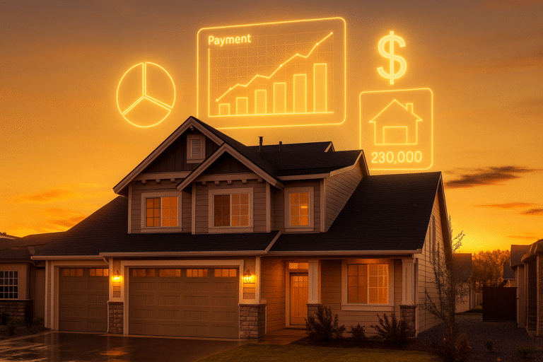 Glowing holographic financial tools floating above a suburban home exterior.