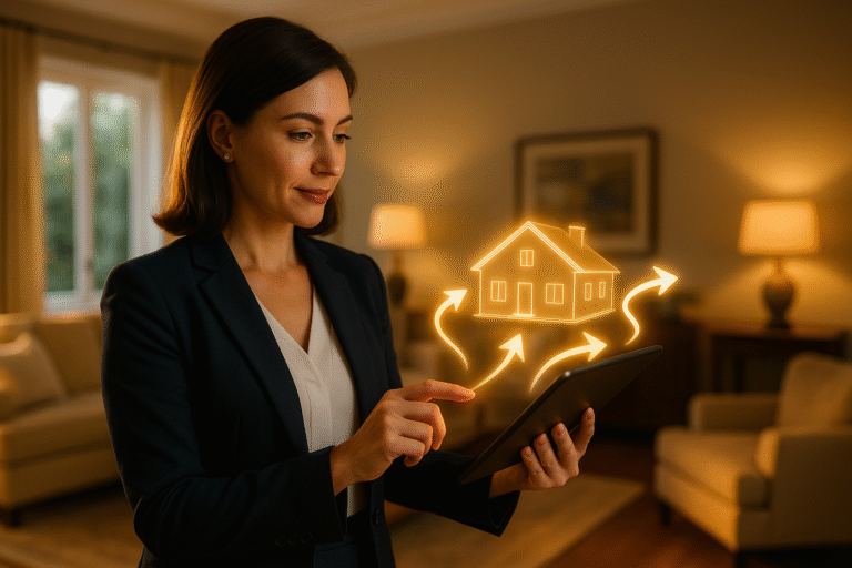 Realtor guiding a virtual home tour inside a staged living room with holographic highlights