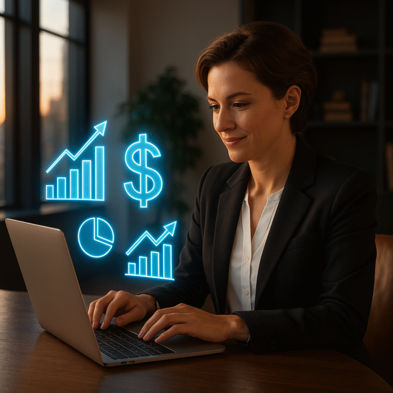 Realtor writing real estate ad copy with holographic charts and financial icons hovering above laptop