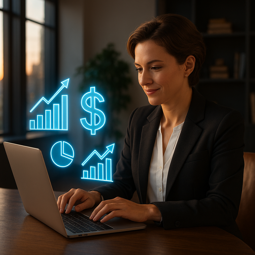 Realtor writing real estate ad copy with holographic charts and financial icons hovering above laptop