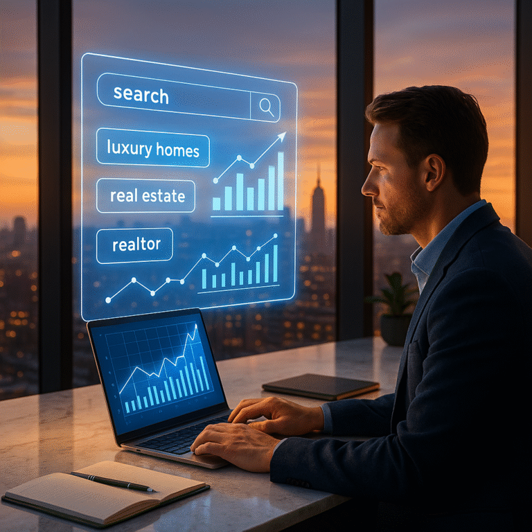 Realtor in luxury office analyzing holographic SEO keyword charts for real estate