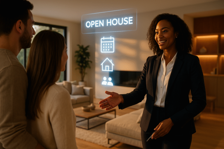 Realtor greeting guests in a luxury living room with holographic open house announcements.