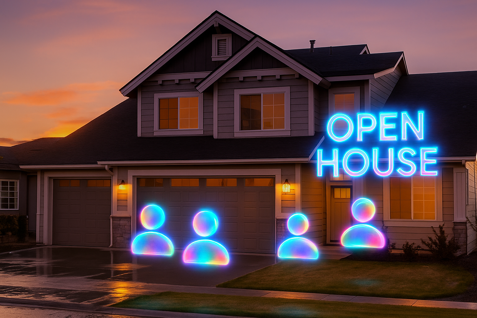 Modern home at sunset with glowing holographic open house signs attracting visitors
