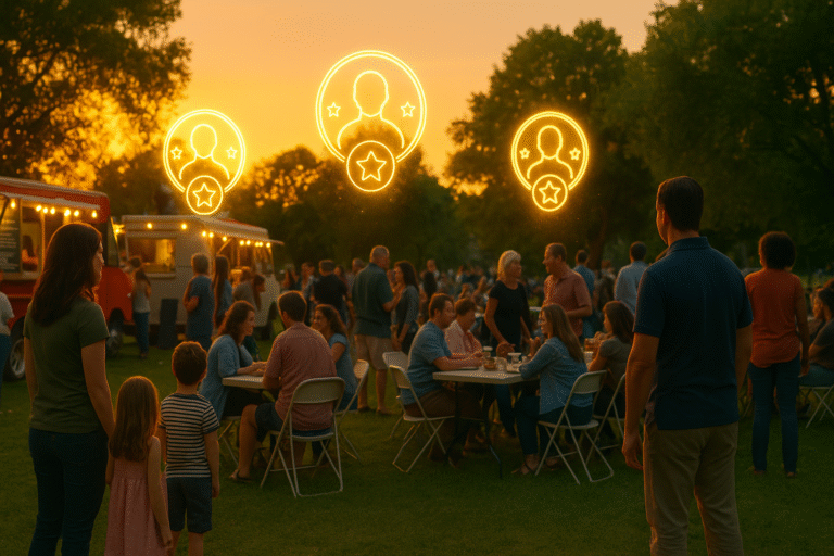 Luxury realtor client appreciation event with glowing referral icons