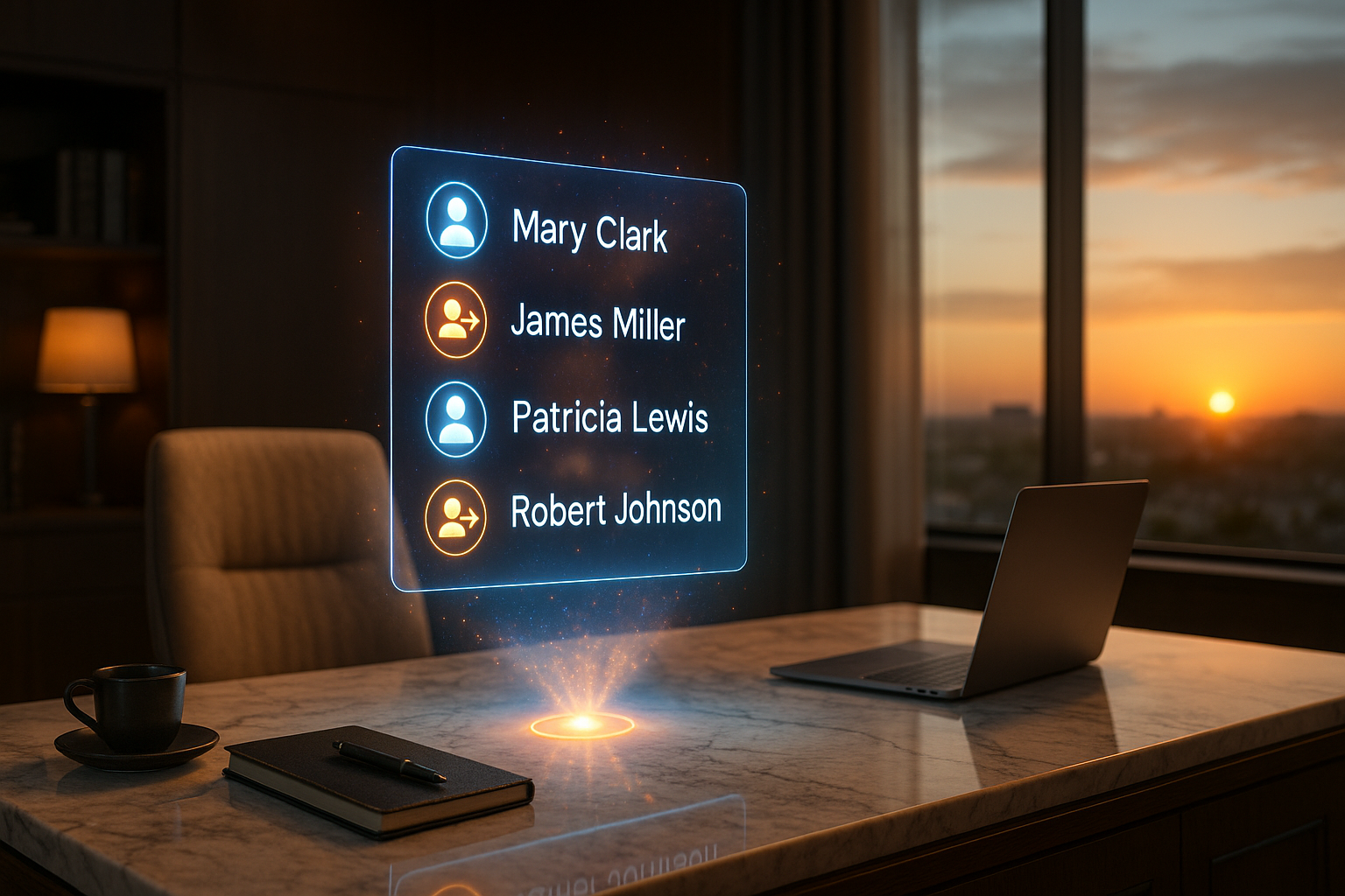 Realtor office with holographic client follow-up icons glowing above a marble desk.