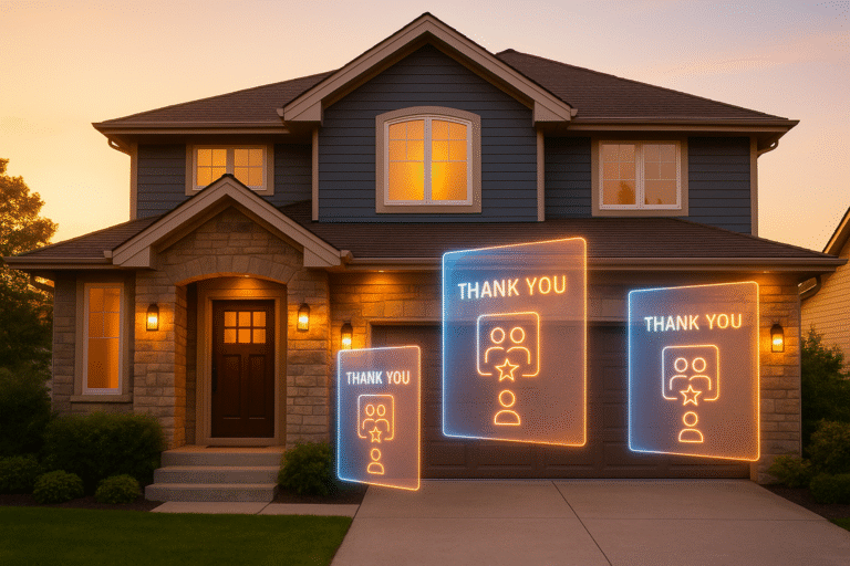 Suburban home at sunset with holographic thank-you cards symbolizing client follow-up.