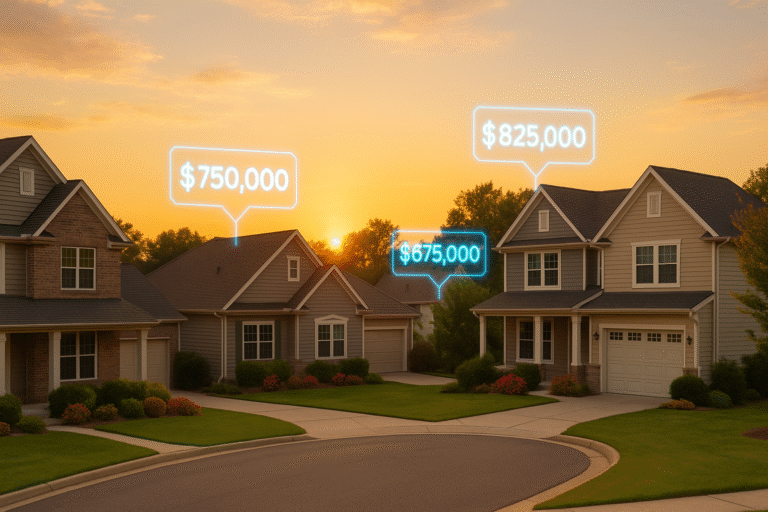 Suburban neighborhood at golden hour with holographic home prices floating above houses to represent real estate comps.
