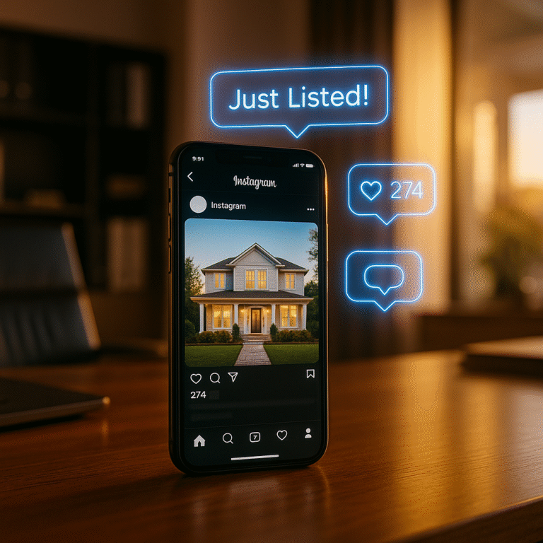 Luxury realtor office with smartphone showing Instagram post and glowing captions.