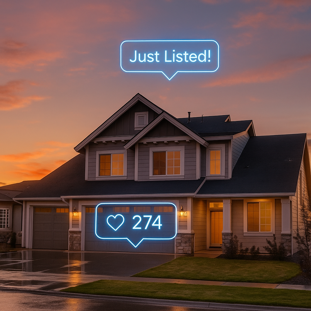 Suburban home with glowing Instagram icons and captions hovering above at sunset.