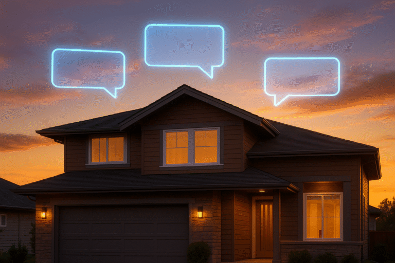 Suburban home with glowing holographic objection dialogue boxes representing realtor scripts.