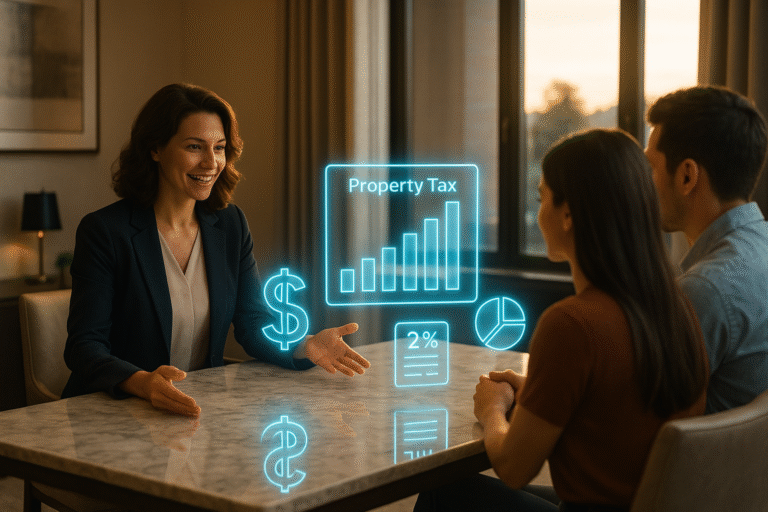 Realtor in luxury office explaining property taxes with glowing holographic charts.