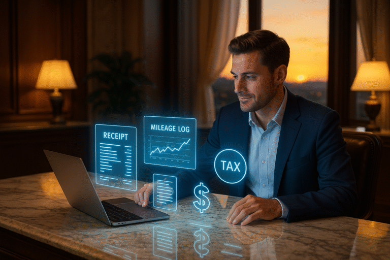 Realtor in luxury office explaining tax deductions with glowing holographic receipts and mileage charts.