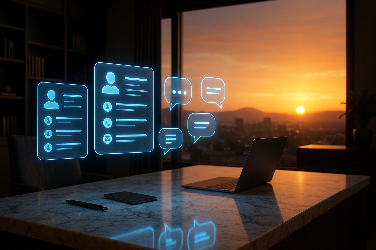 Luxury realtor office with holographic lead cards and AI chat bubbles for lead management.