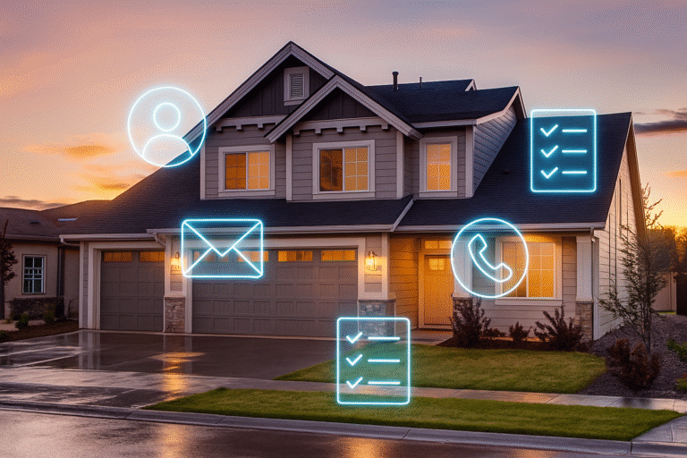 Suburban home with glowing holographic icons and checklists representing organized realtor leads.