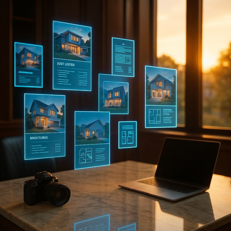 Luxury realtor office with glowing holographic brochures and flyers floating above a marble desk.