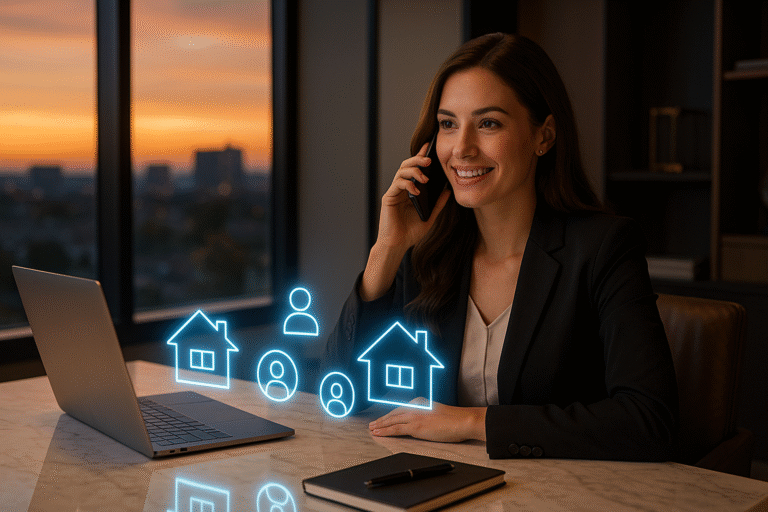 Realtor making a cold call in a luxury office with holographic seller leads.