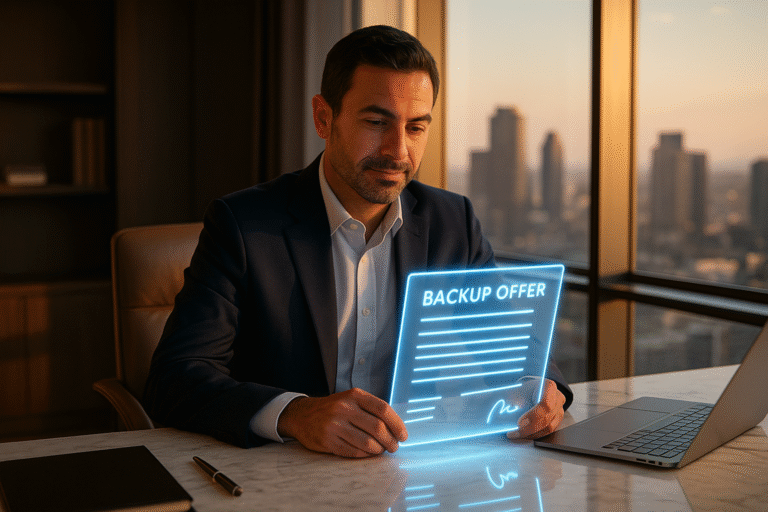 Realtor in luxury office reviewing holographic backup offer contract.