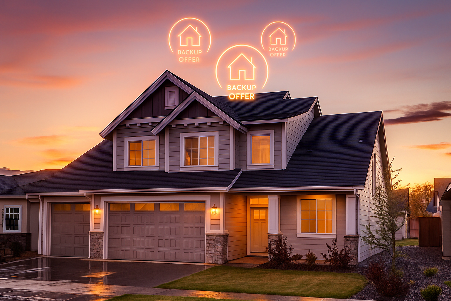 Suburban home with holographic backup offer icons floating above roof.