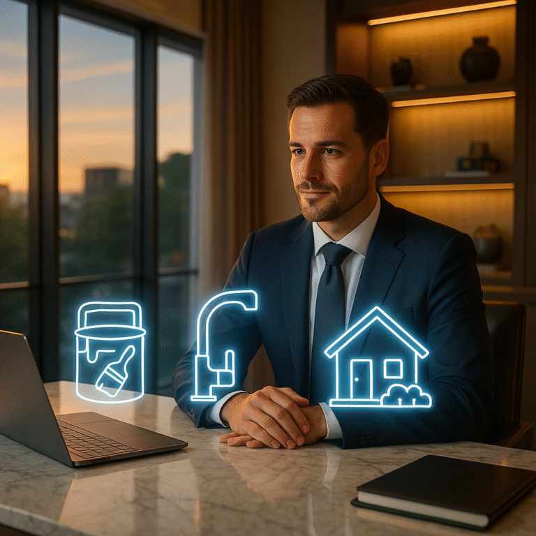 Realtor in luxury office with holographic icons of home improvement upgrades before selling