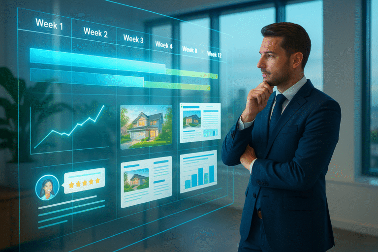 Futuristic realtor viewing holographic 12-week SEO plan with charts, reviews, and website elements floating on a transparent screen.