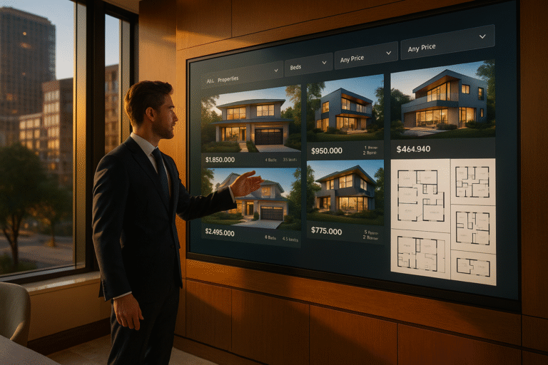 Luxury office with realtor presenting glowing IDX property search wall featuring photos and floor plans, symbolizing modern website design features.