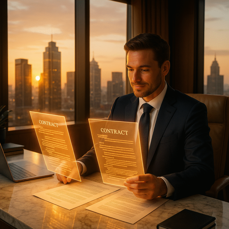 Realtor using AI to summarize real estate contracts in a luxury office setting