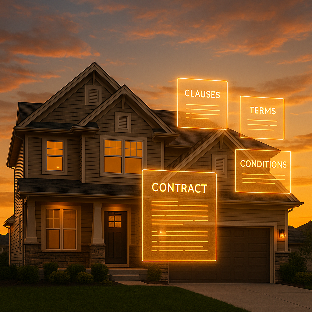 Real estate contract summary concept with AI holographic icons over a home