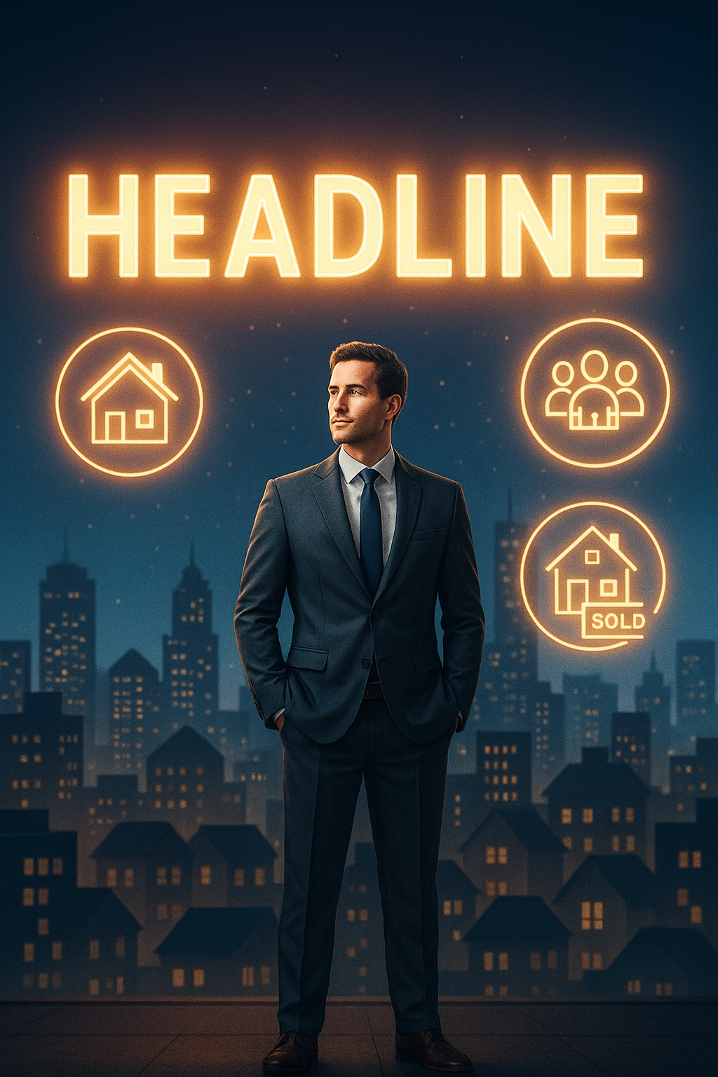 Realtor standing in front of a holographic glowing headline with real estate icons floating above city rooftops.