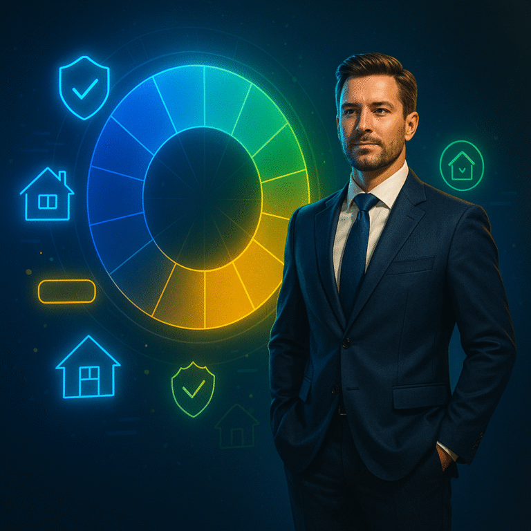 Realtor standing before a glowing holographic color wheel with real estate icons, illustrating how color impacts website conversions.