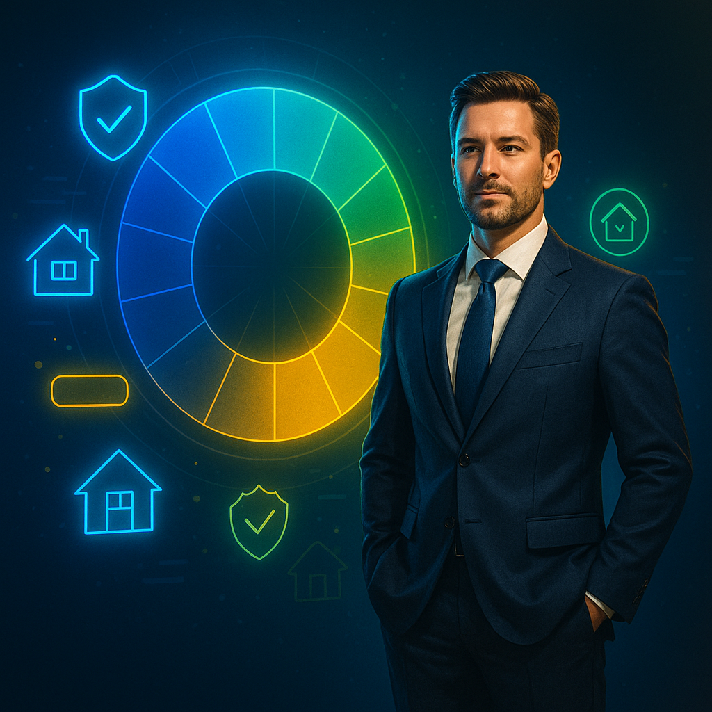 Realtor standing before a glowing holographic color wheel with real estate icons, illustrating how color impacts website conversions.