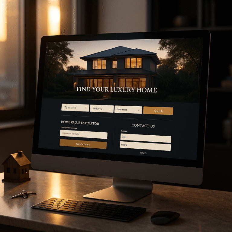 Luxury realtor website with IDX search, lead form, and home value tool on a glowing computer screen in a modern office.