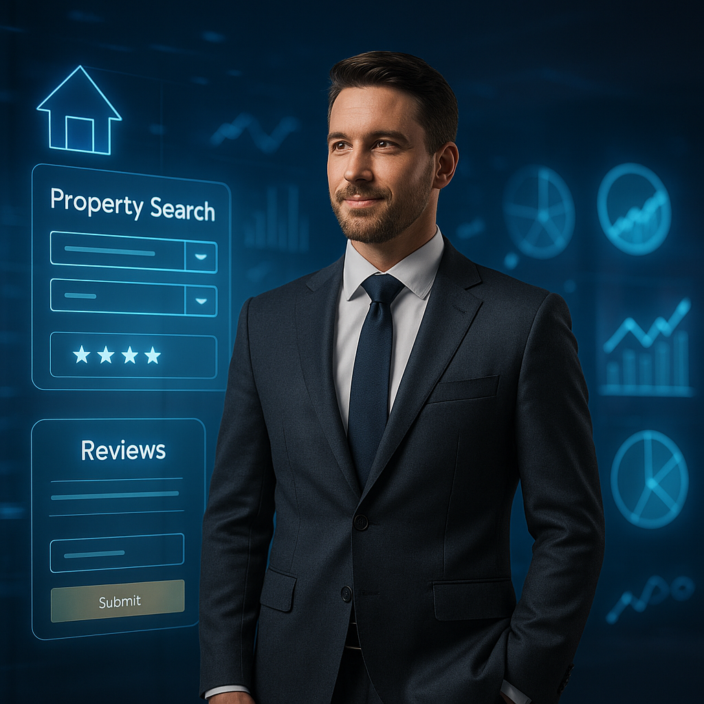 Realtor in suit standing by holographic About page layout with highlighted sections for headline, story, testimonials, and CTA.