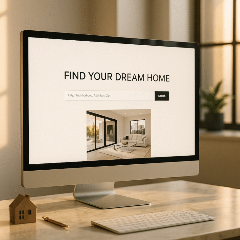 Minimal luxury realtor website on computer screen with bold headline, IDX search, and elegant white space design.