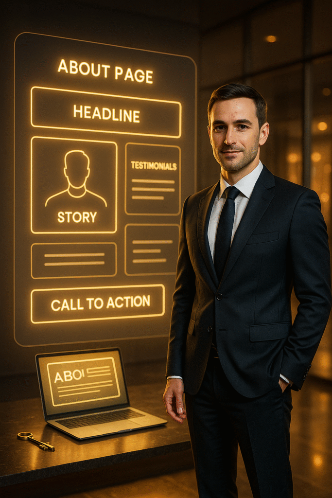 a confident realtor stands in his office happy he is getting leads from his homepage on his realtor website