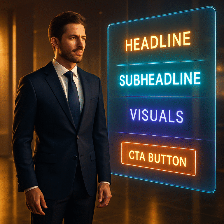 Realtor in suit standing by holographic homepage hero layout with glowing headline, visuals, and CTA button.