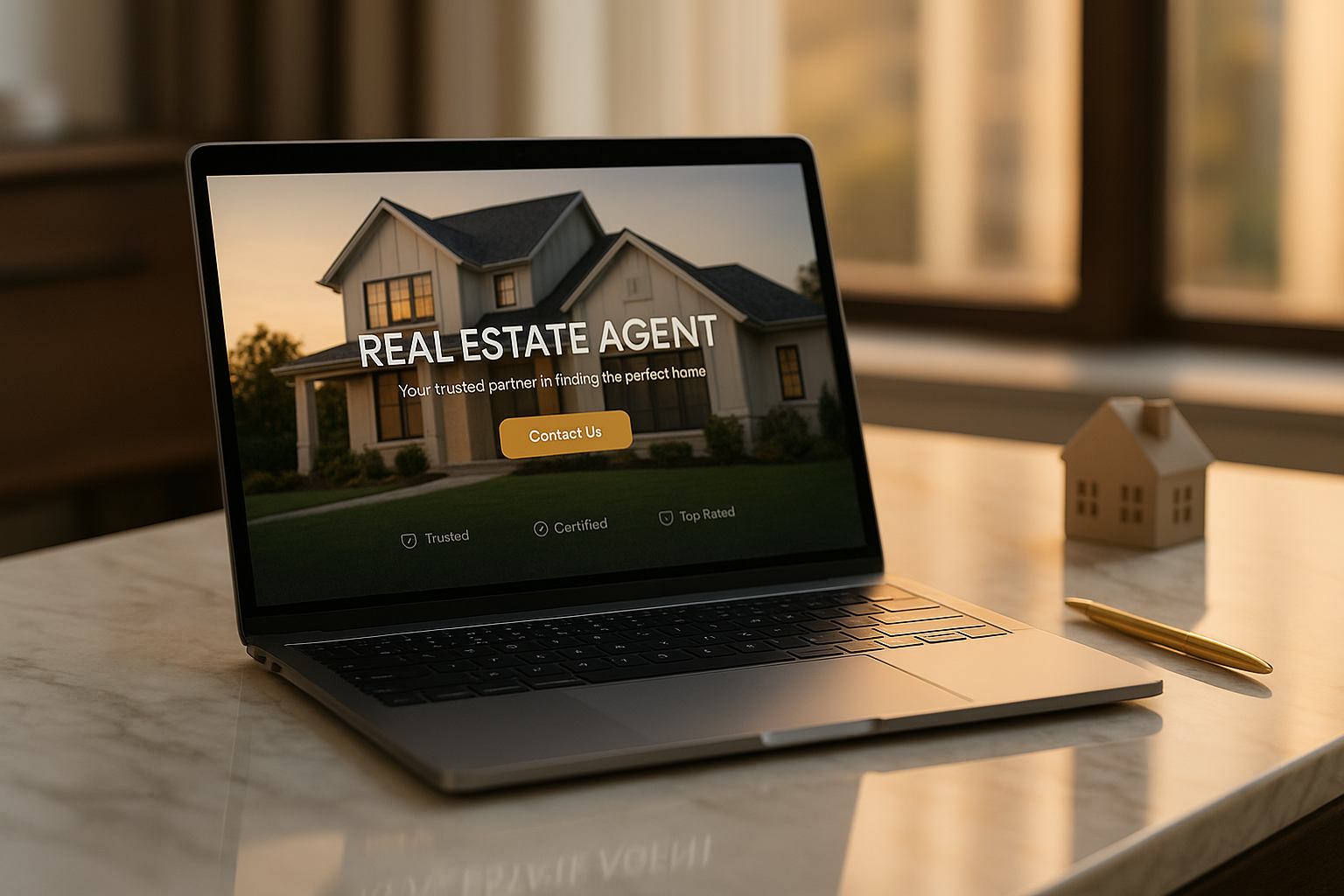 Laptop showing realtor website with CTA and trust badges on marble desk in luxury office.