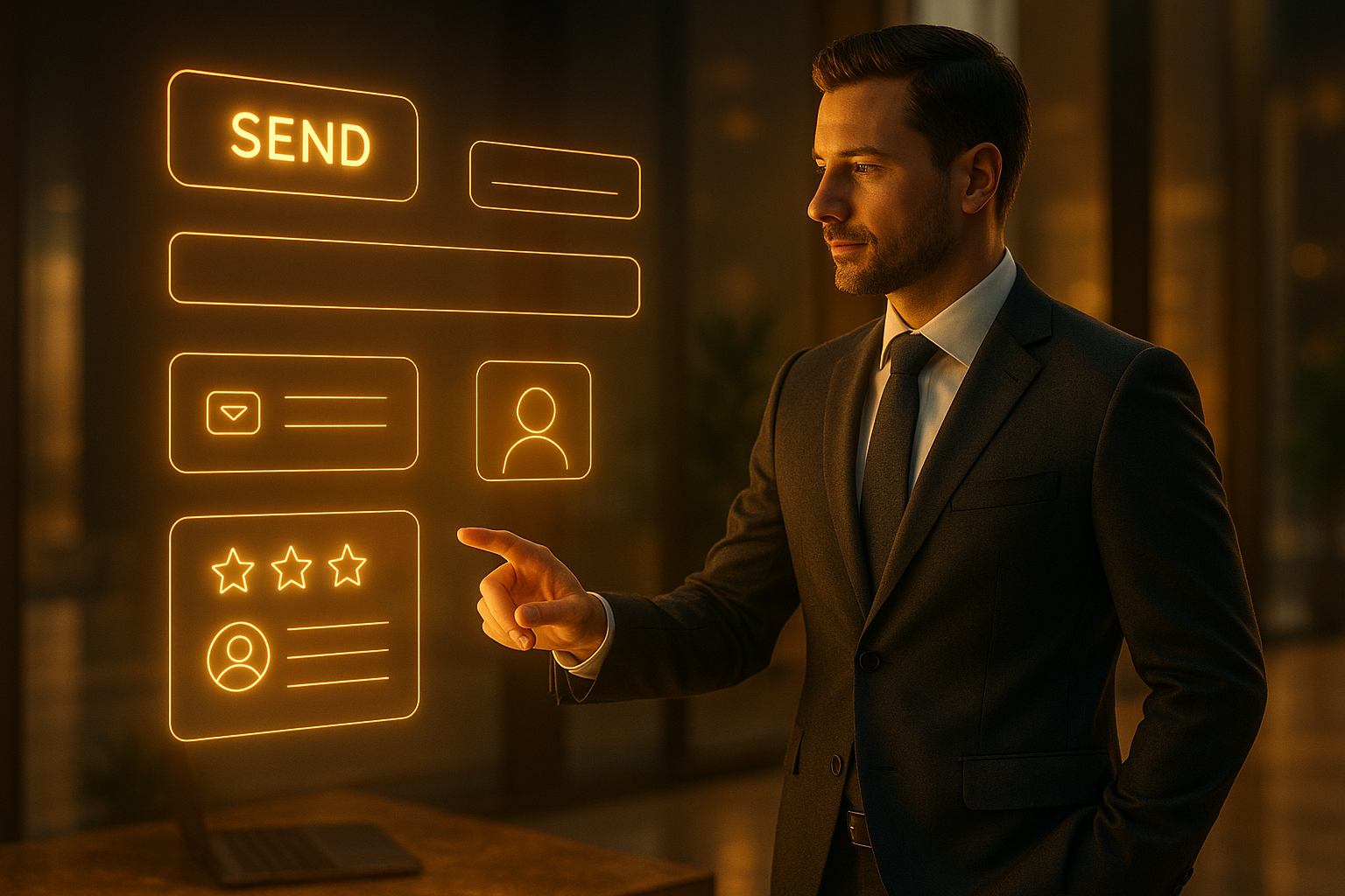 Realtor in suit beside holographic display of website details like buttons, forms, and testimonials glowing in golden light.