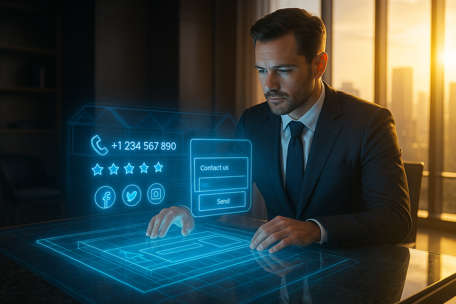 Futuristic holographic display of a real estate website footer showing contact info, reviews, and lead capture elements on a glass table in a luxury office.