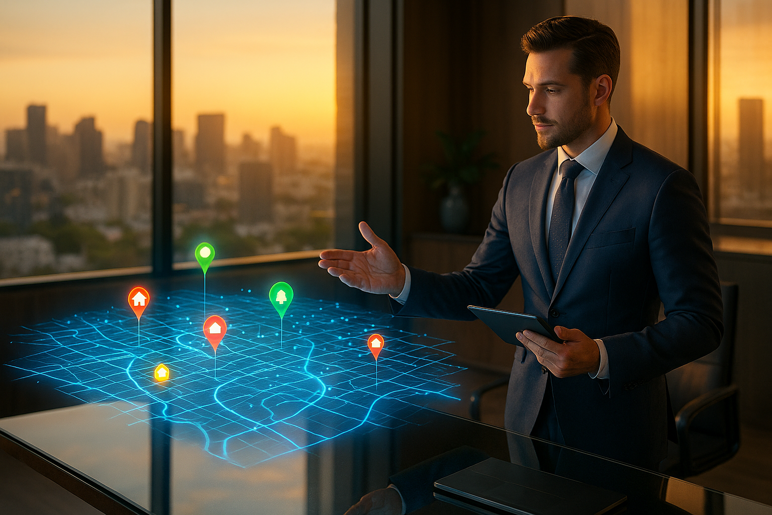 Futuristic holographic interactive city map with real estate pins floating above a glass desk in a luxury office.