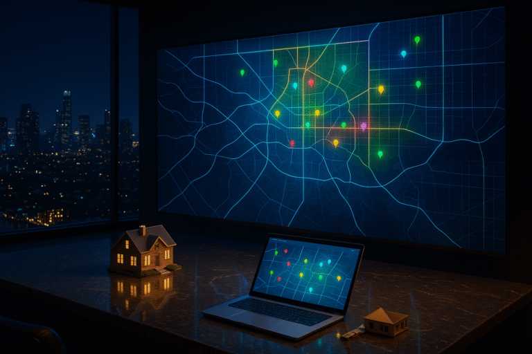 Penthouse office with a glowing digital wall showing an interactive map of listings and neighborhood data above a city skyline at night.