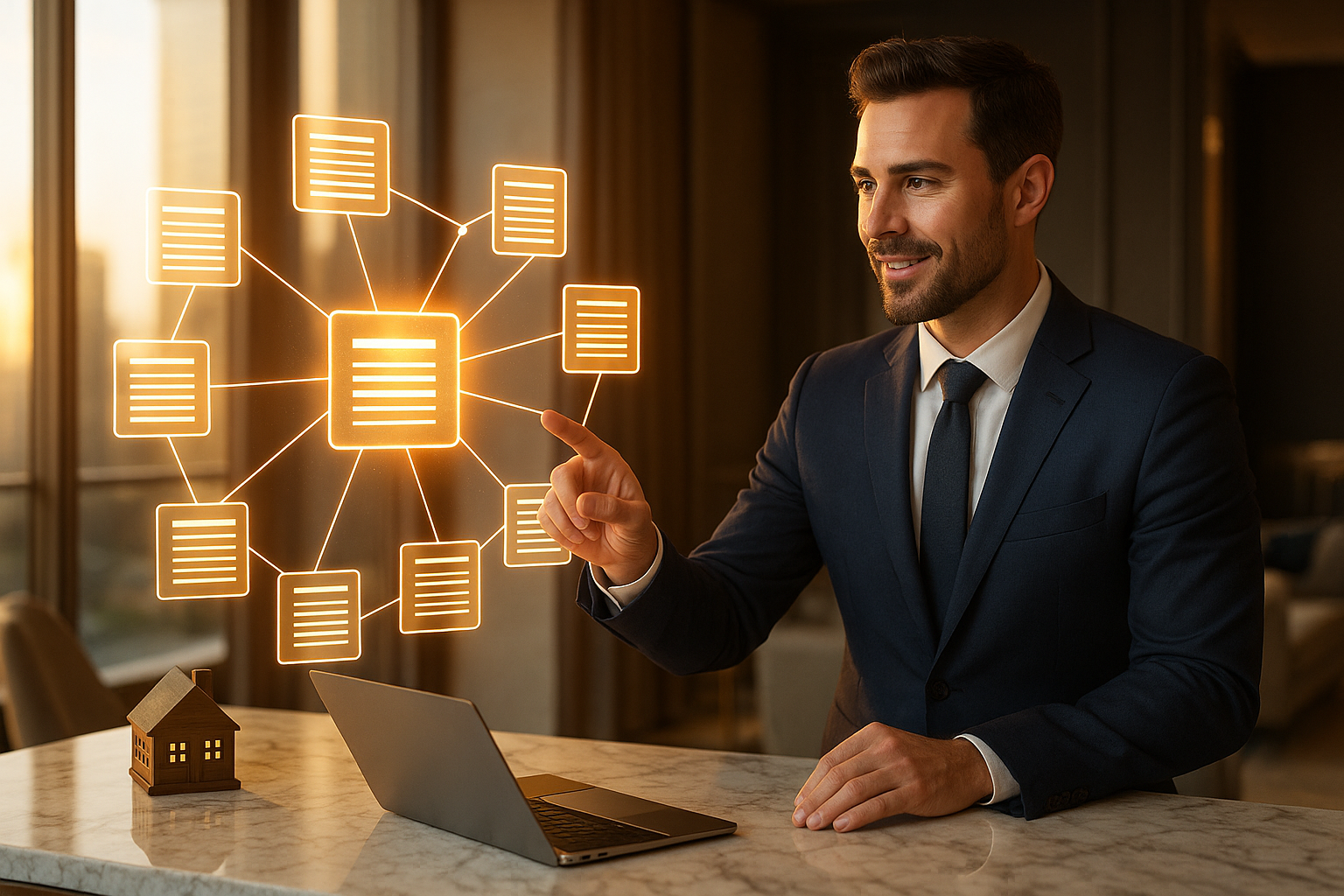 Realtor in luxury office presenting glowing blog cluster map symbolizing topical authority for SEO.