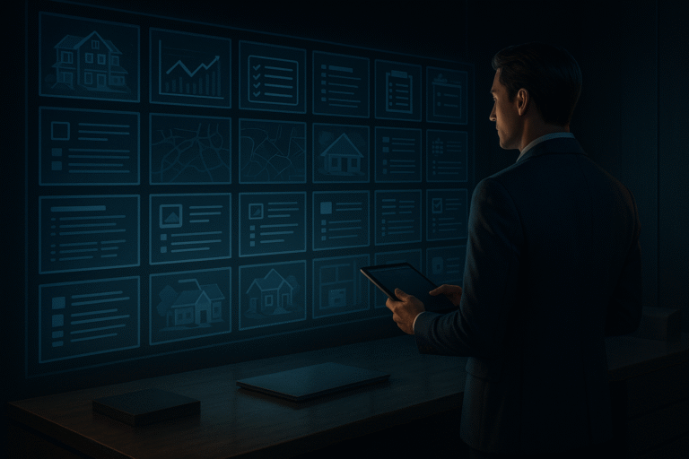 Digital library of real estate topics representing topical authority for SEO with realtor analyzing on tablet.