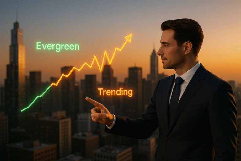 Futuristic chart above a city skyline comparing evergreen steady growth and trending content spikes for realtors.