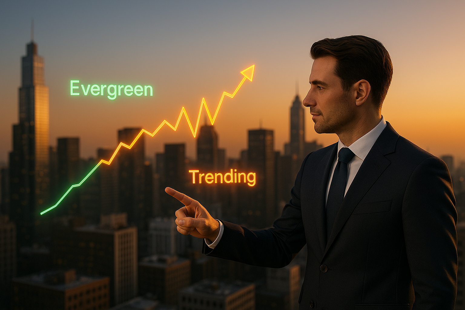 Futuristic chart above a city skyline comparing evergreen steady growth and trending content spikes for realtors.
